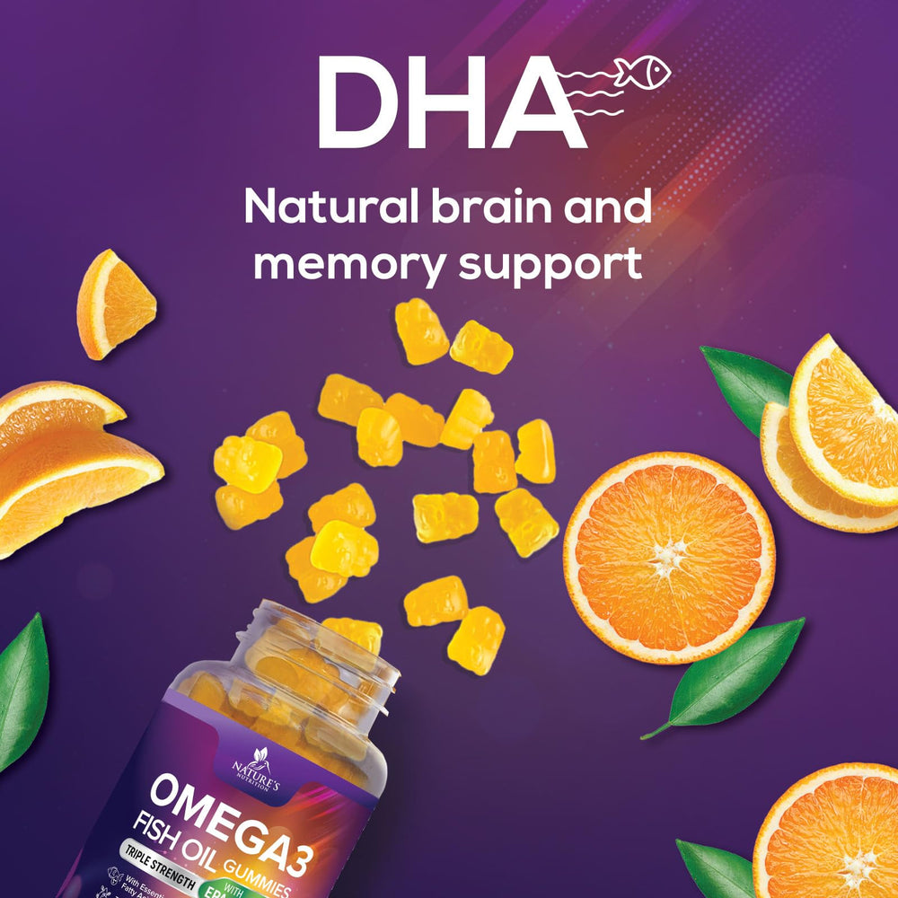 Nature's Nutrition Omega 3 Gummies label highlights 3X strength and DHA EPA content.