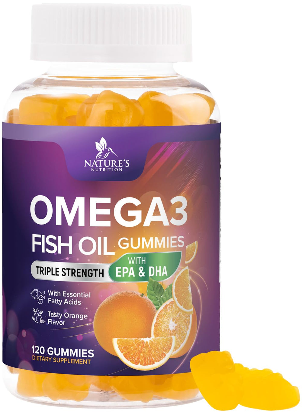Nature's Nutrition Omega 3 Gummies orange bottle offers a convenient daily omega-3 source for families.