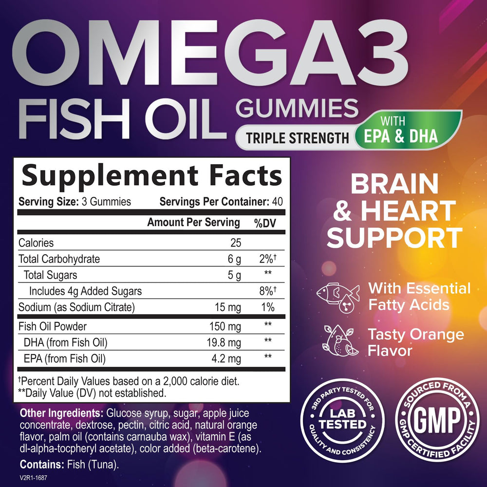 Nature's Nutrition Omega 3 Gummies closeup shows orange chewy texture and no fishy aftertaste.