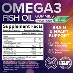 Nature's Nutrition Omega 3 Gummies closeup shows orange chewy texture and no fishy aftertaste.