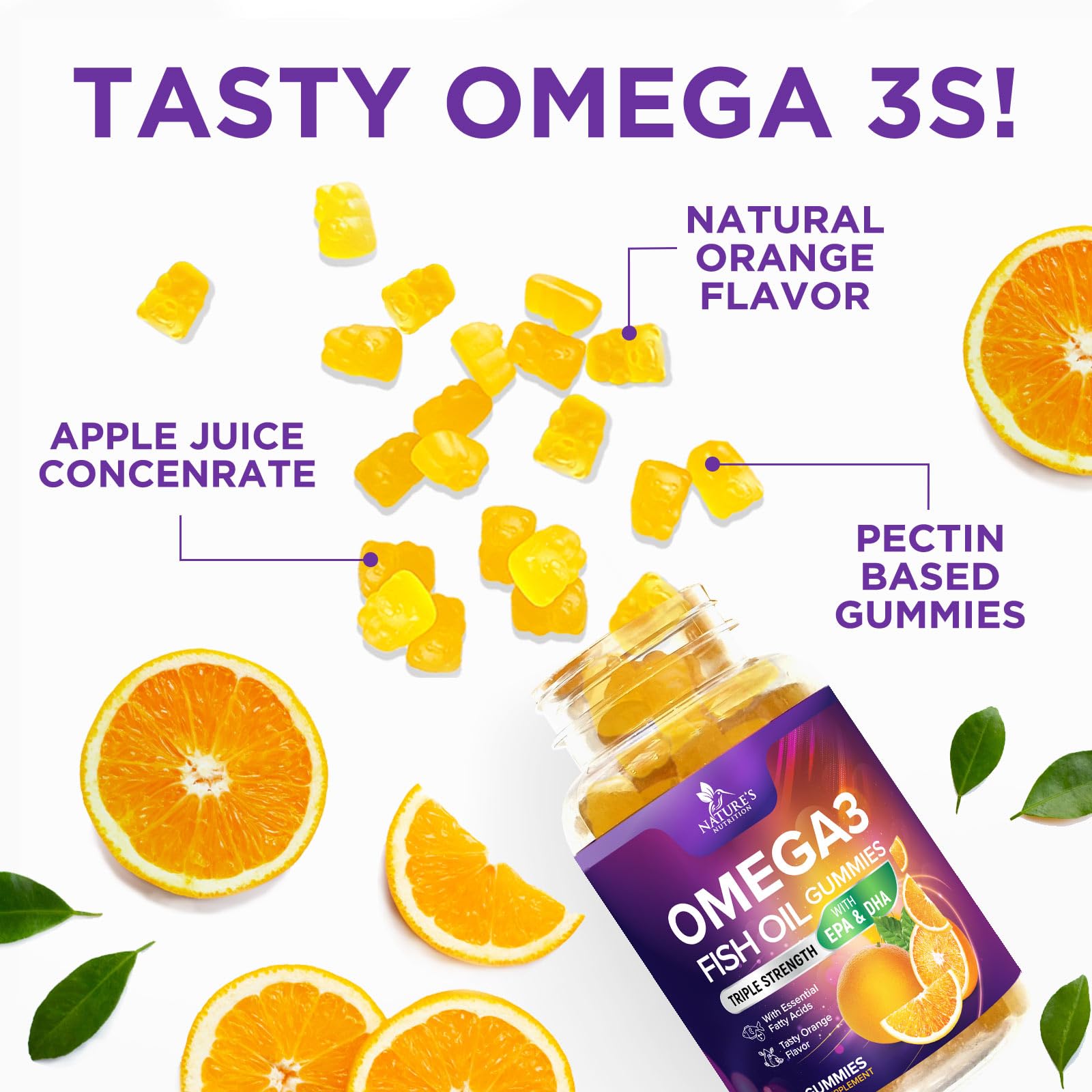 Nature's Nutrition Omega 3 Gummies serving pour demonstrates easy daily intake.