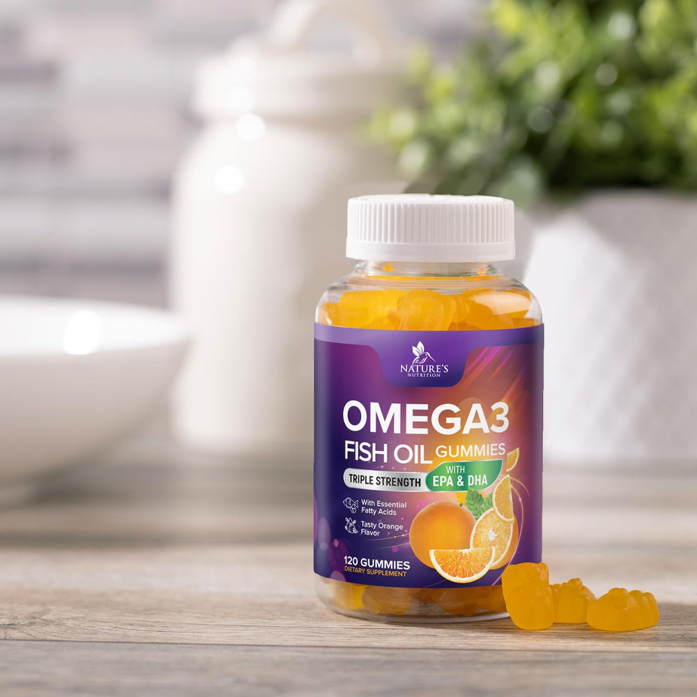 Nature's Nutrition Omega 3 Gummies badge confirms third-party testing.