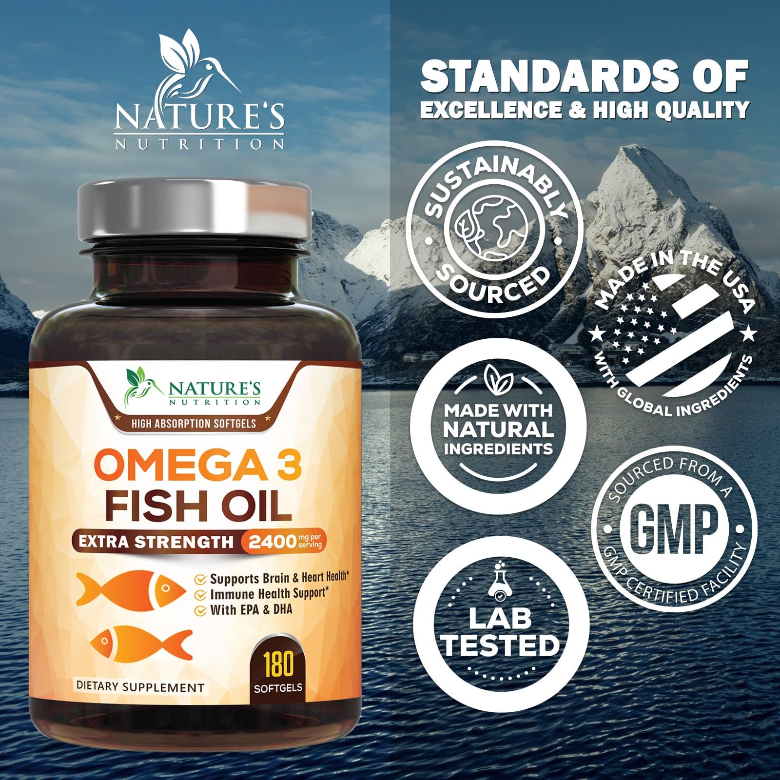 Nature's Nutrition Omega-3 lemon-flavor softgels ready for daily use.