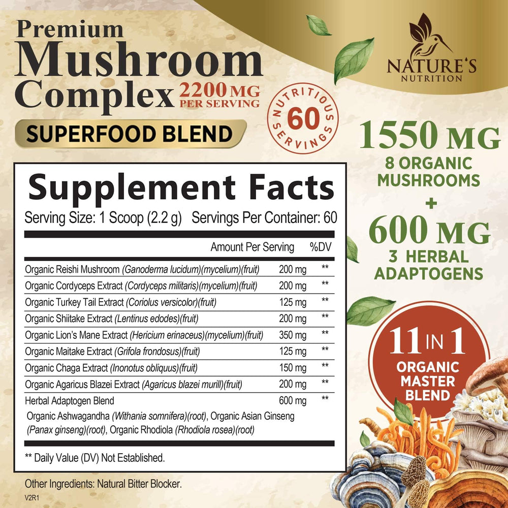 Nature's Nutrition organic Lions Mane powder jar emphasizes focus support.