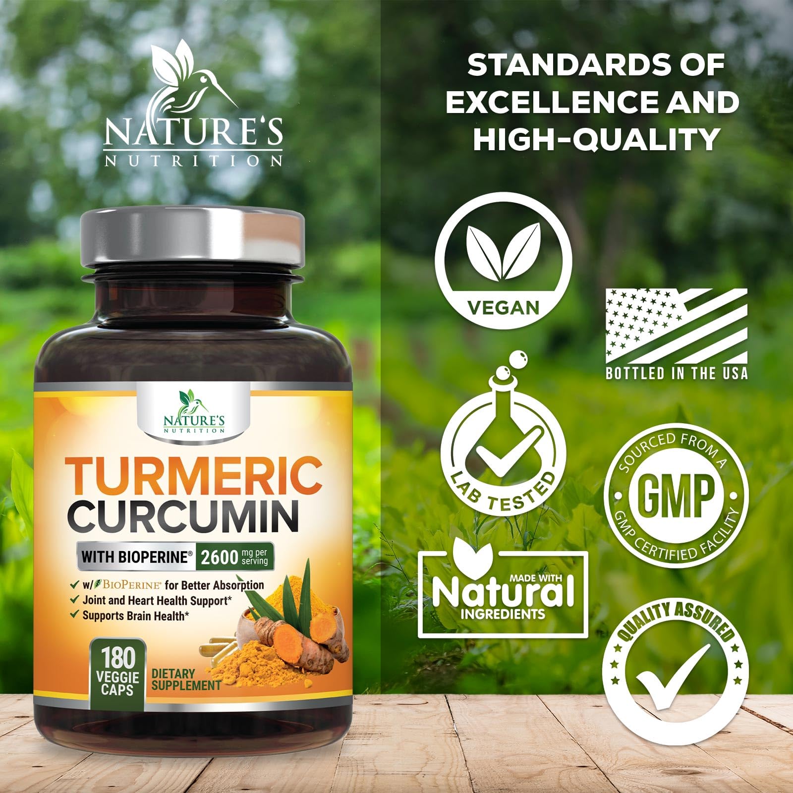 Nature's Nutrition organic turmeric root signals premium natural sourcing in capsules