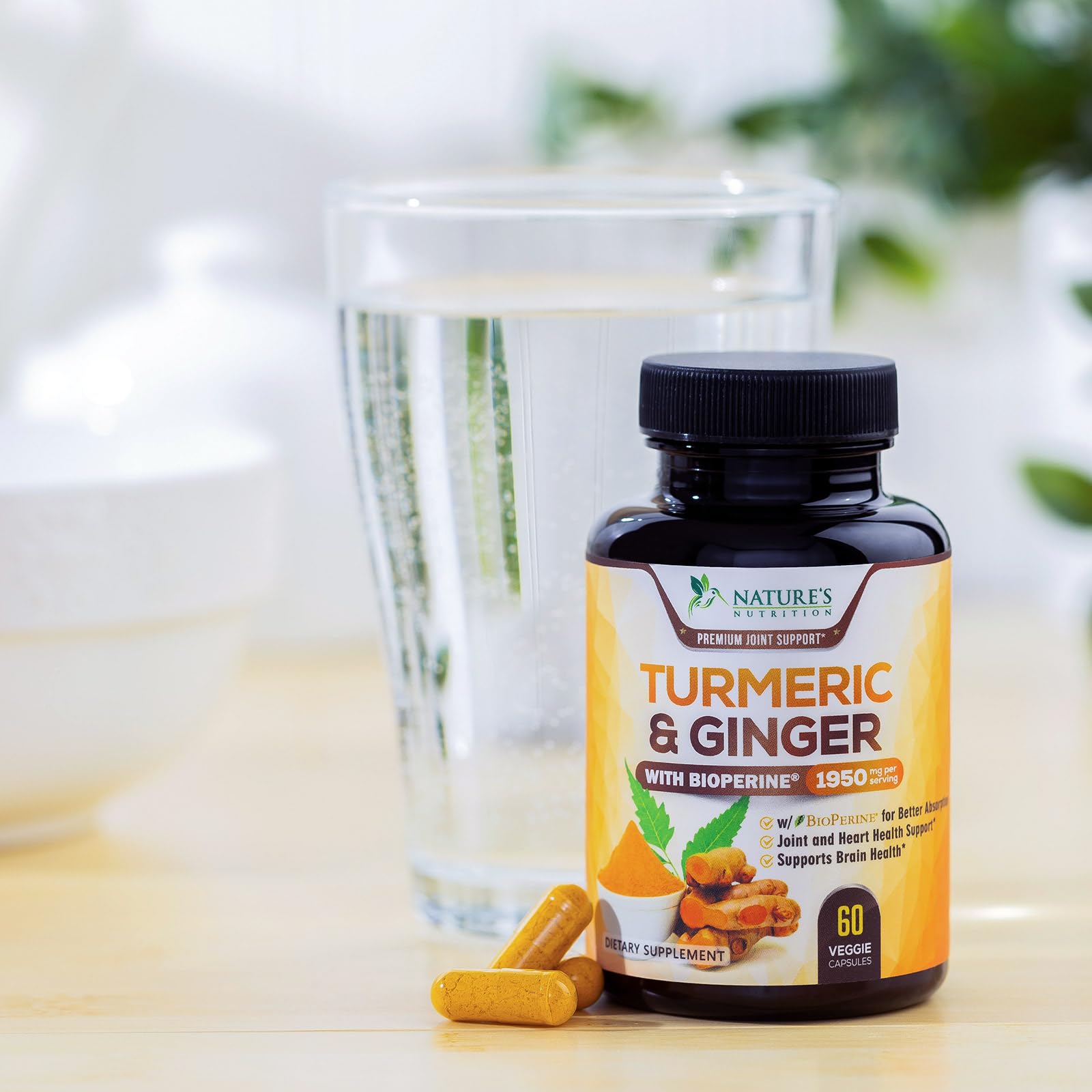 Nature's Nutrition bottle beside natural wood suggests premium quality packaging
