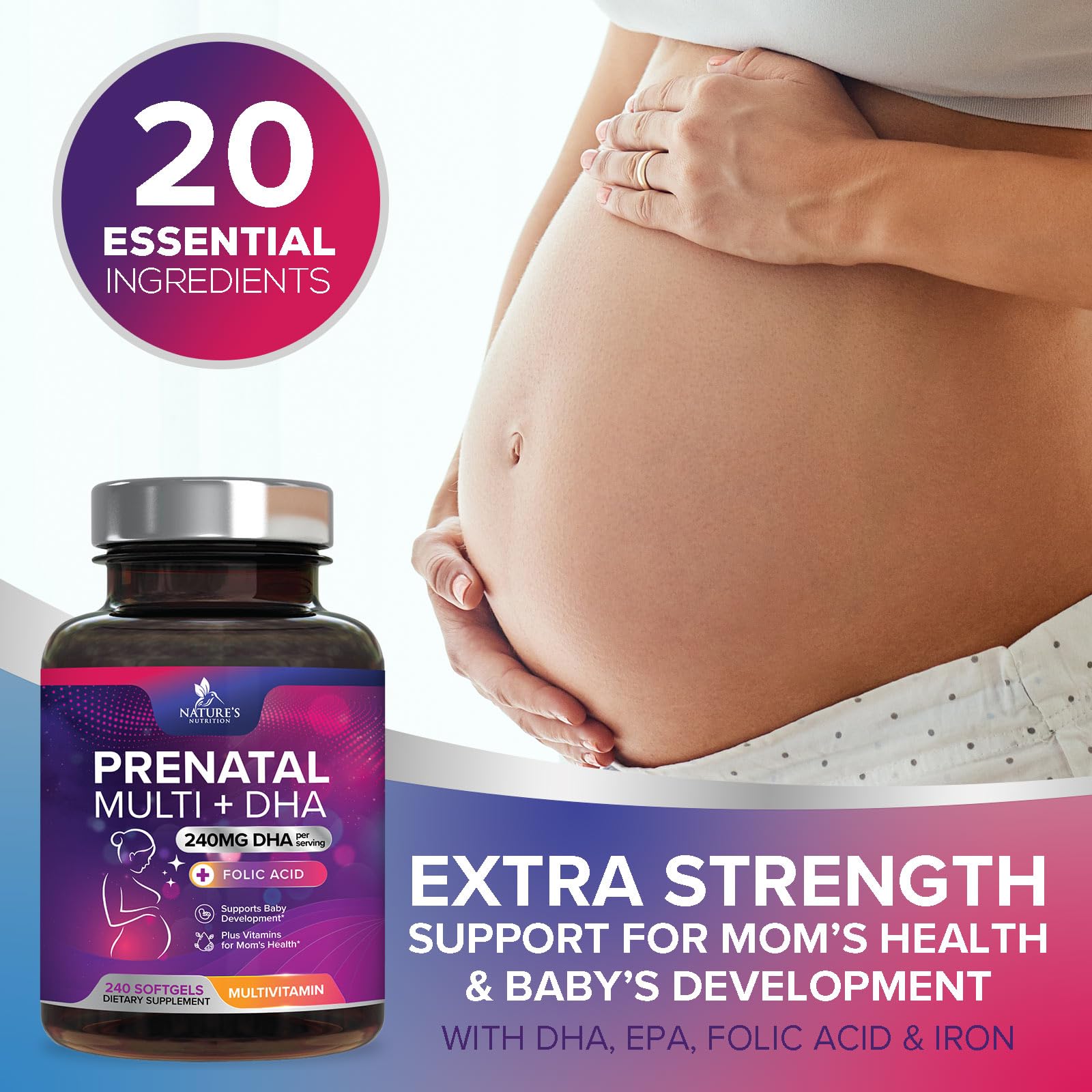 Nature's Nutrition prenatal bottle on table ready for routine.