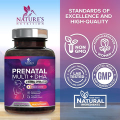 Nature's Nutrition prenatal vitamins label highlights complete multivitamin.