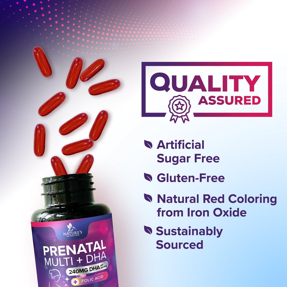 Nature's Nutrition prenatal softgels in hand for easy use.