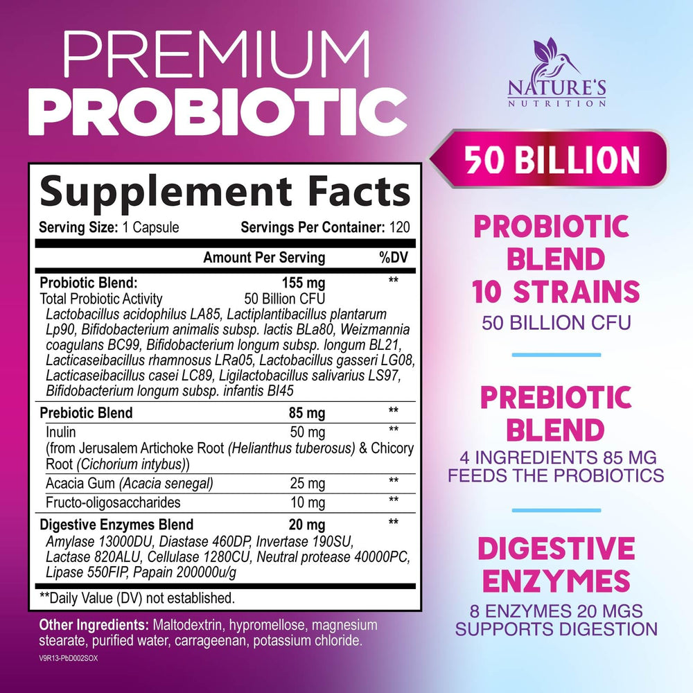Nature's Nutrition probiotics 10 strains label promotes diverse gut microbiota.