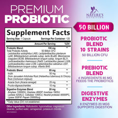 Nature's Nutrition probiotics 10 strains label promotes diverse gut microbiota.