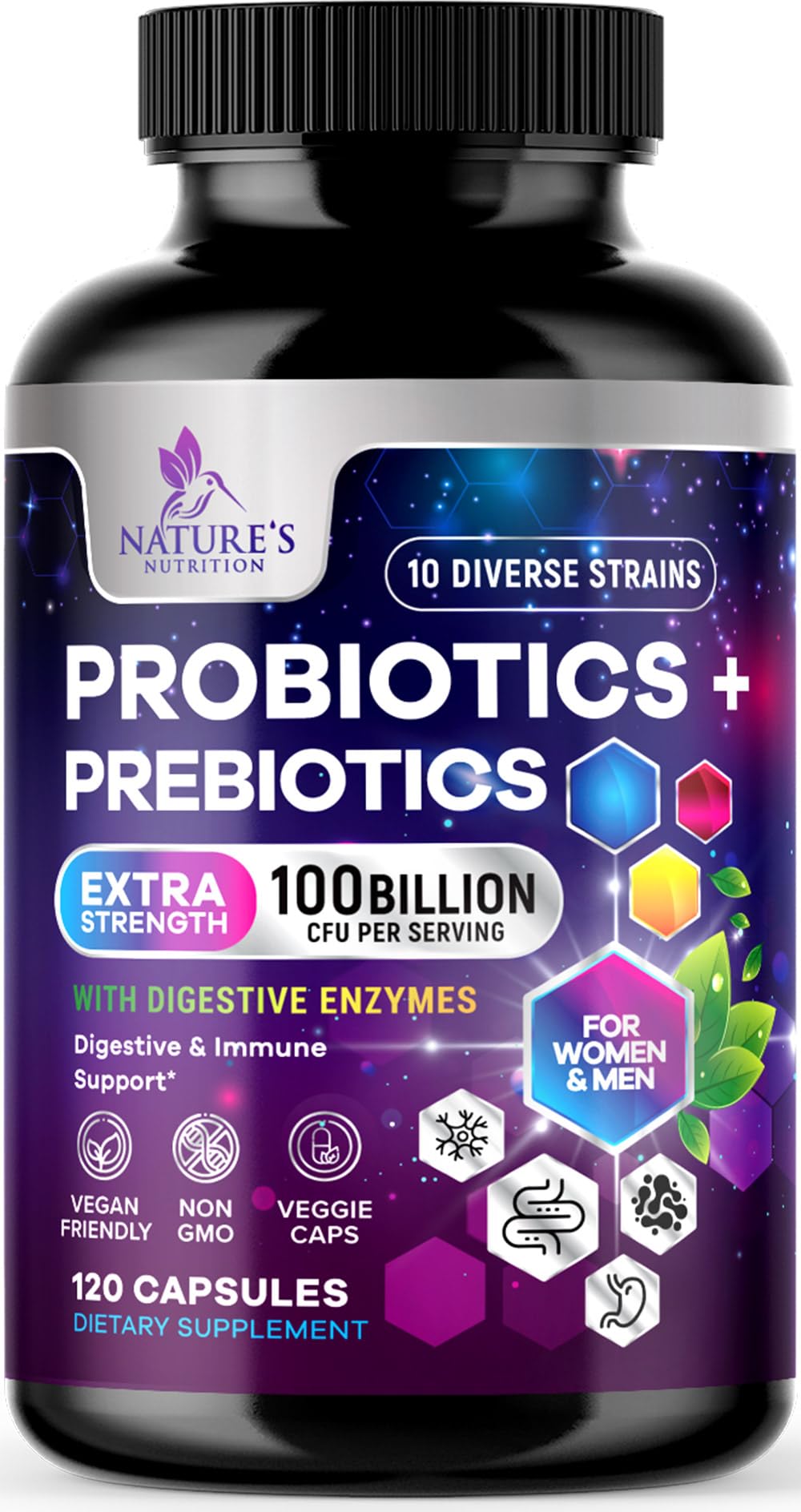 Nature's Nutrition Probiotics 100 Billion CFU bottle for daily digestive support