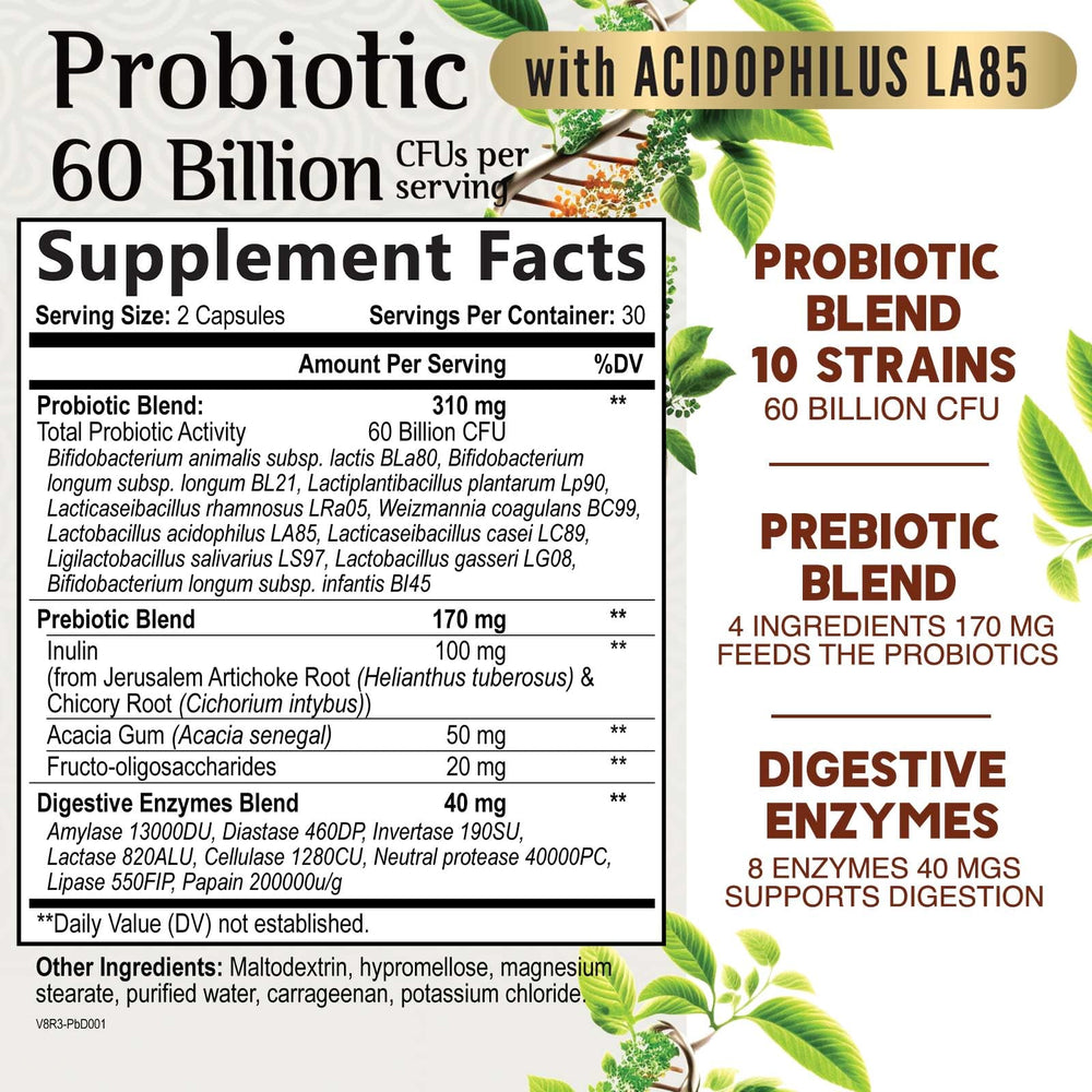 Nature's Nutrition Probiotics bottle back label shows non-GMO and allergen-free notes.