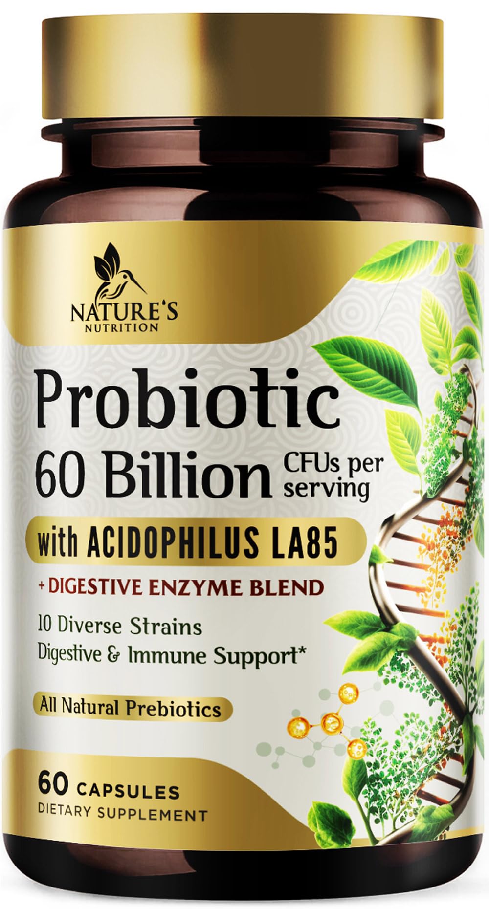 Nature's Nutrition Probiotics bottle front promoting 60 billion CFU for gut support.
