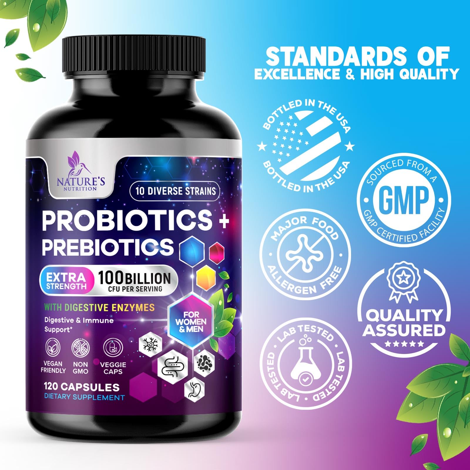 Nature's Nutrition probiotics bottle open demonstrating easy dispensing