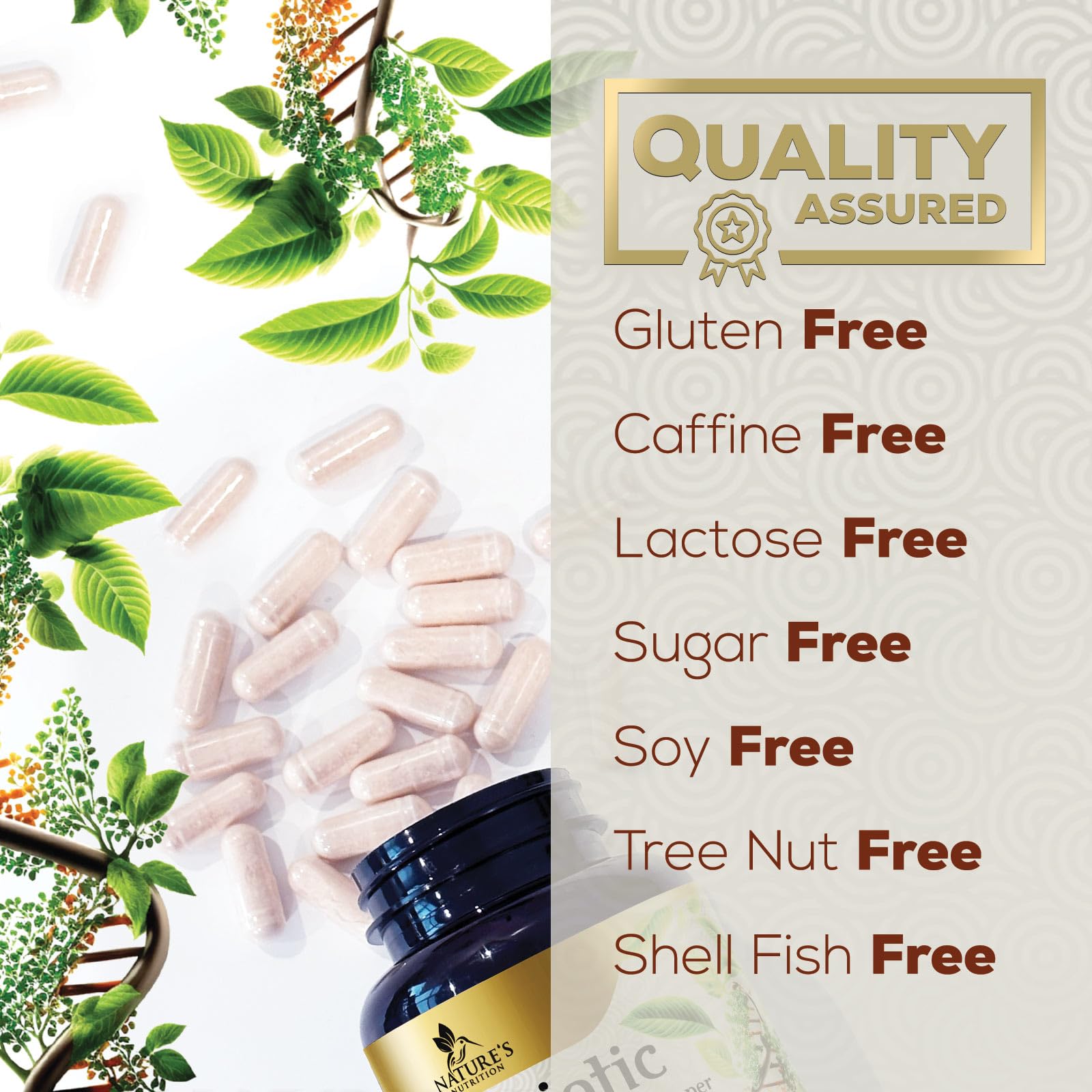 Nature's Nutrition Probiotics bottle on shelf conveys shelf-stable quality.