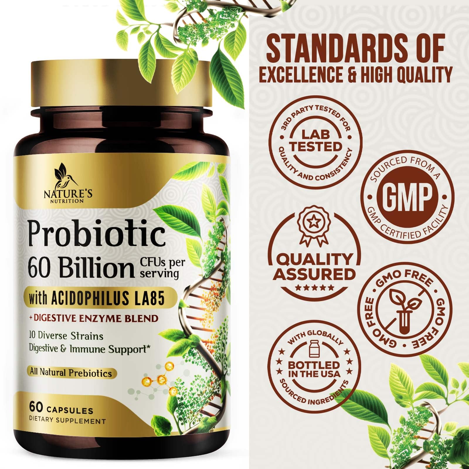 Nature's Nutrition Probiotics ingredients panel highlights prebiotics and enzymes.