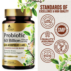 Nature's Nutrition Probiotics ingredients panel highlights prebiotics and enzymes.