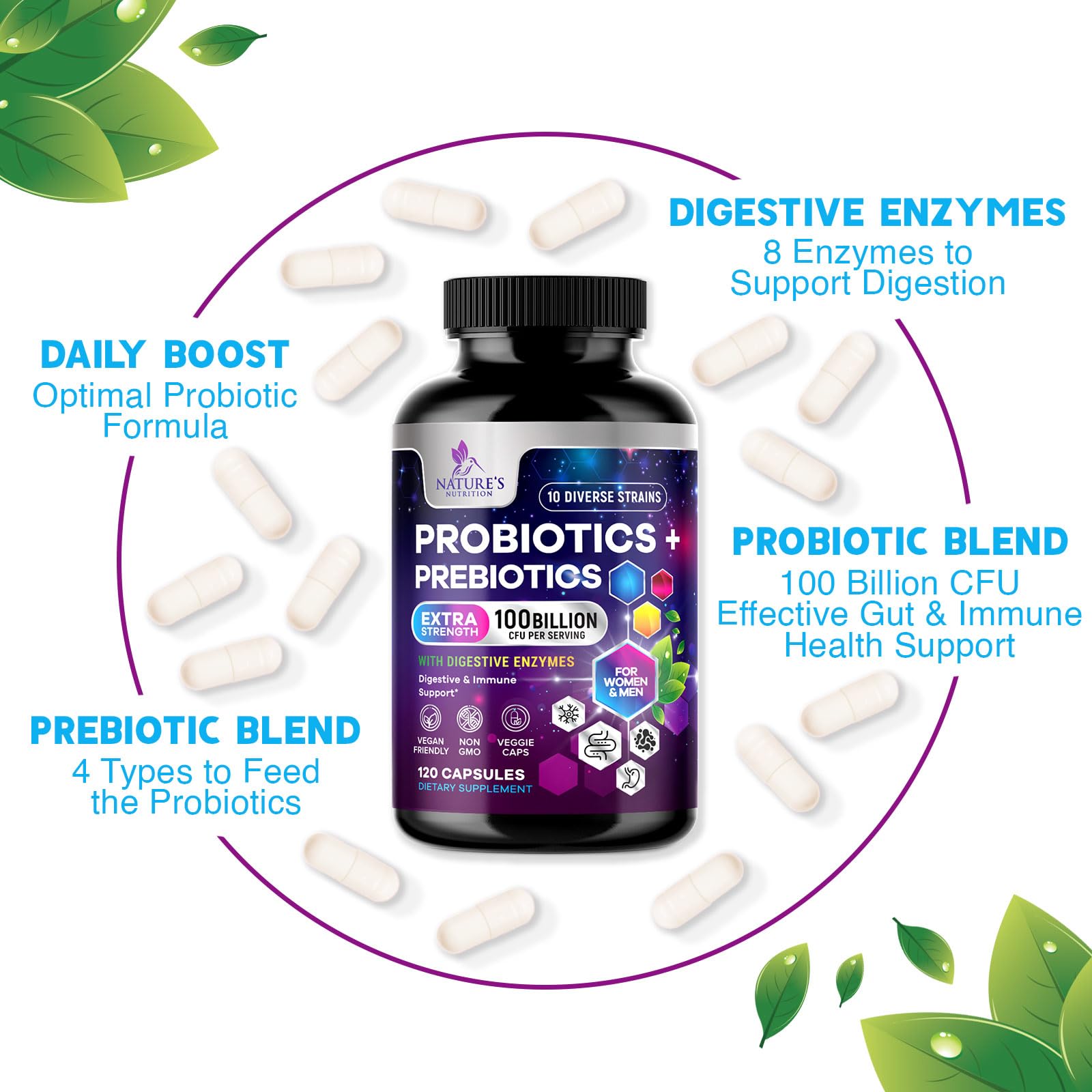Nature's Nutrition label close-up highlighting probiotic strains and CFU
