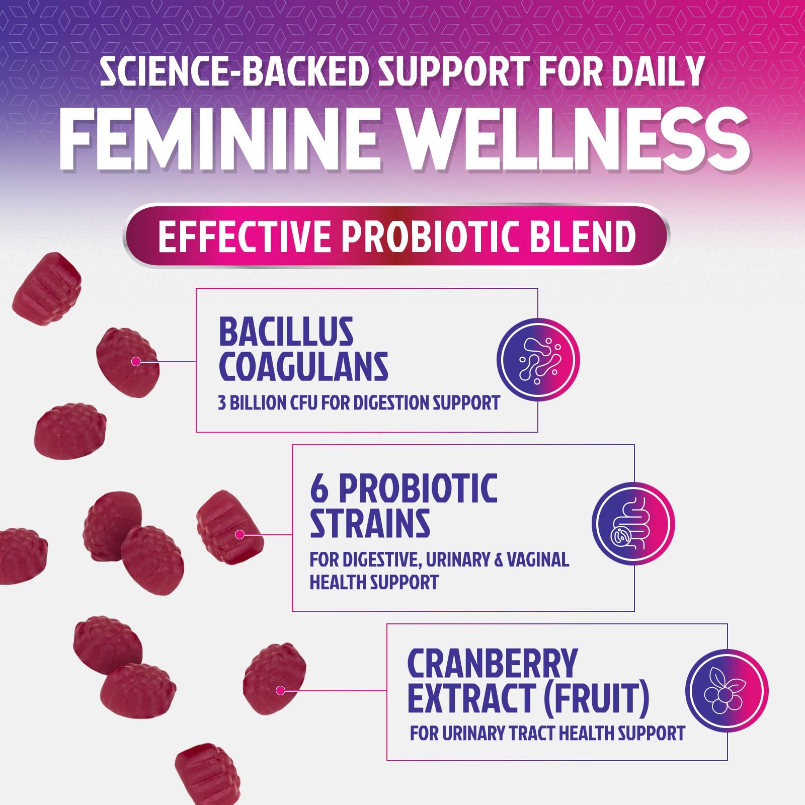 Nature's Nutrition cranberry-gummies-03 emphasize cranberry synergy for pH balance and gut comfort.
