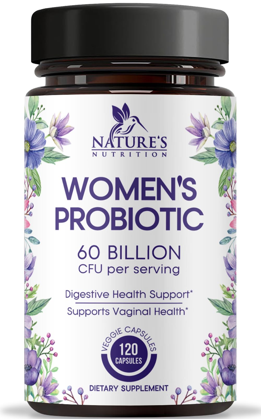 Nature's Nutrition probiotics bottle front promotes daily female digestive balance.