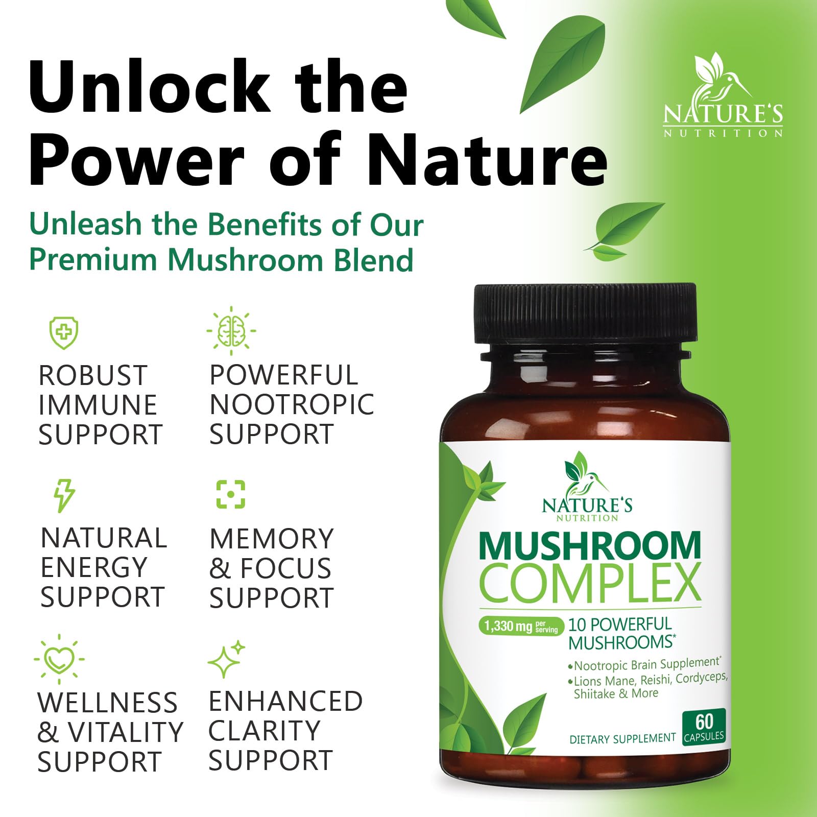 Nature's Nutrition Reishi, Cordyceps and Chaga capsules for holistic well-being.