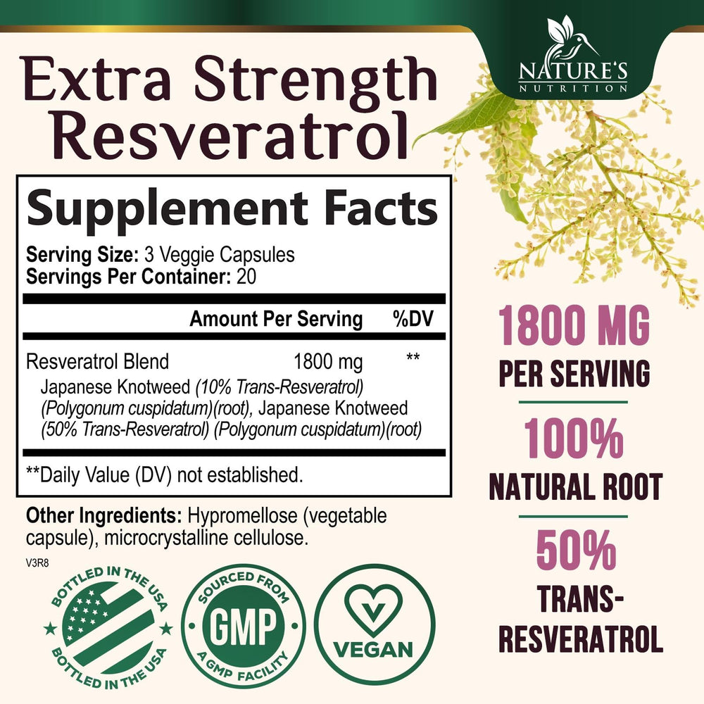 Nature's Nutrition resveratrol 1800mg capsules packaging for easy dosing