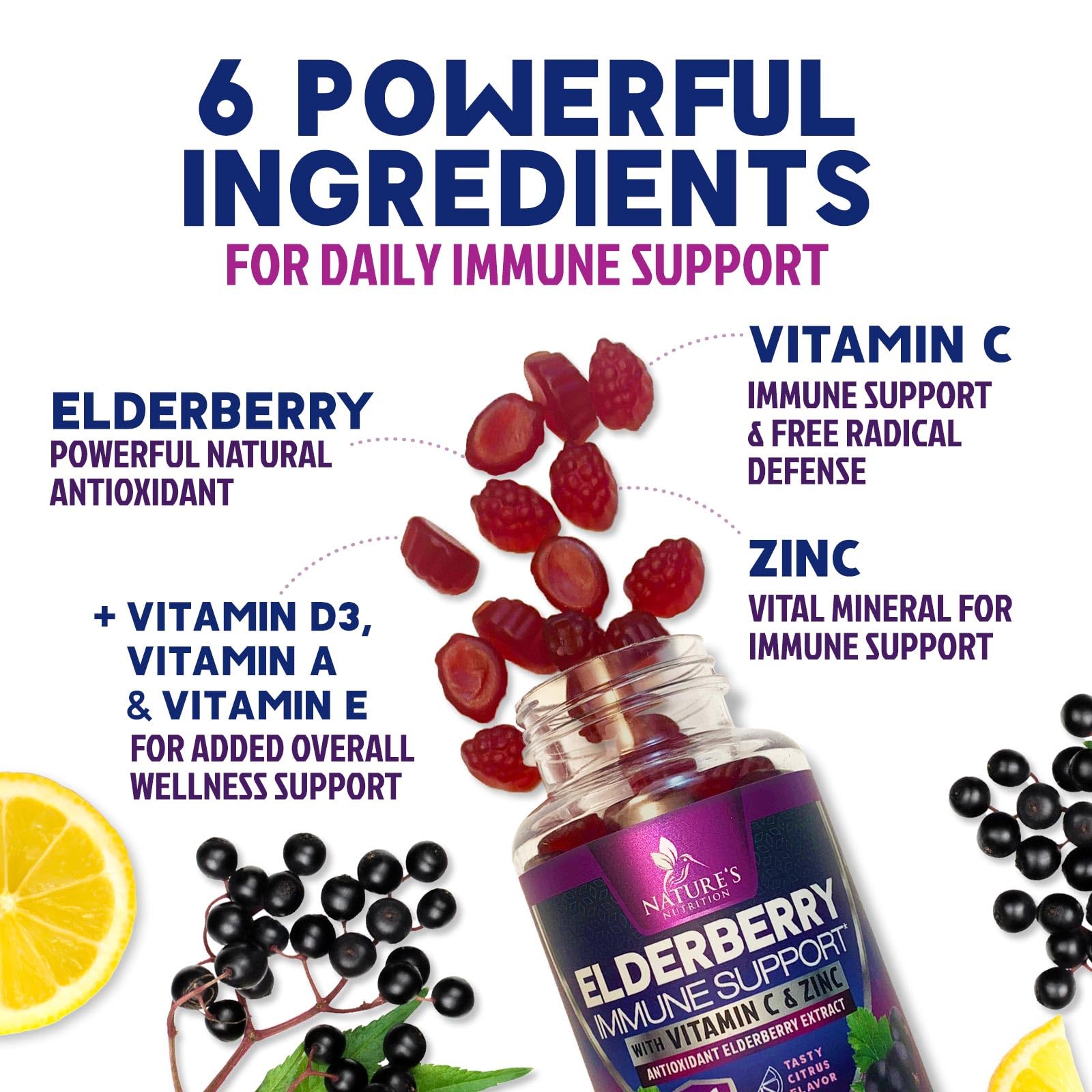 Nature's Nutrition Sambucus elderberry extract image emphasizes natural plant-based support.