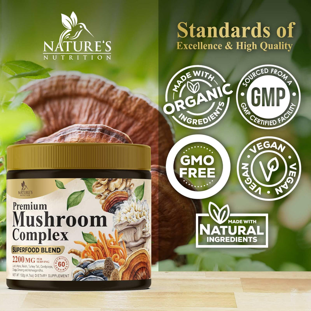 Nature's Nutrition 8-mushroom blend powder featuring Shiitake Maitake and Turkey Tail.