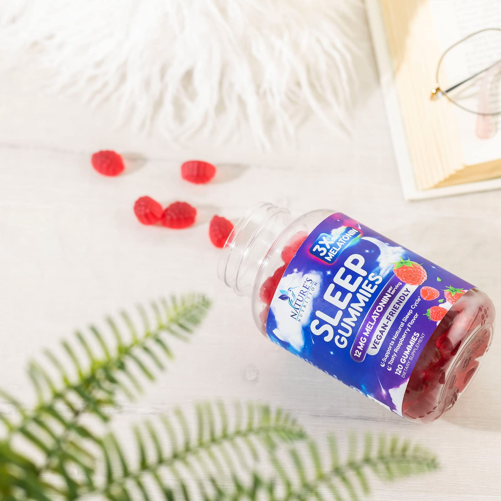 Nature's Nutrition sleep gummies packaging showing a 120-count bottle for ongoing use