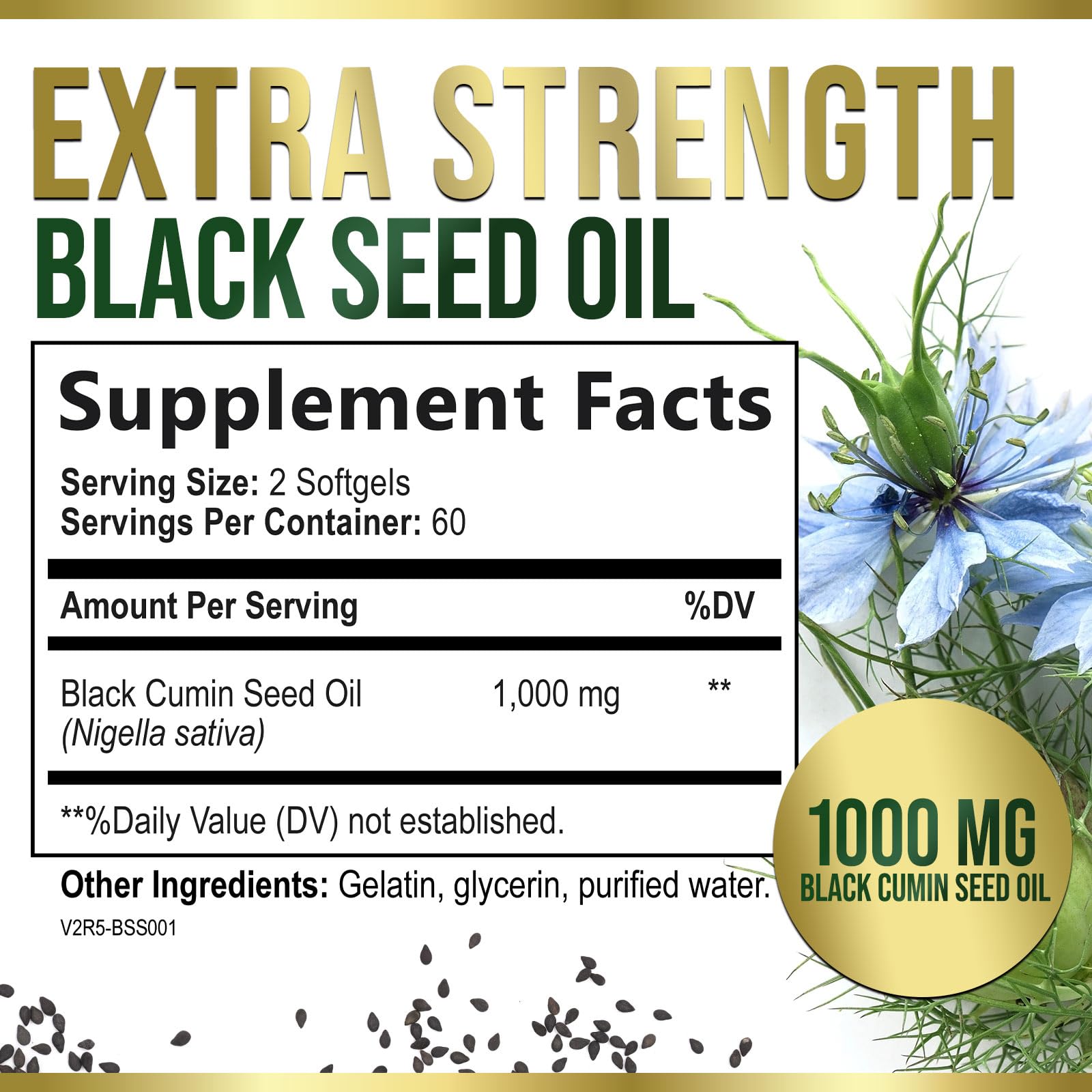 Close-up of softgel capsules showing pure black seed oil with no artificial fillers.