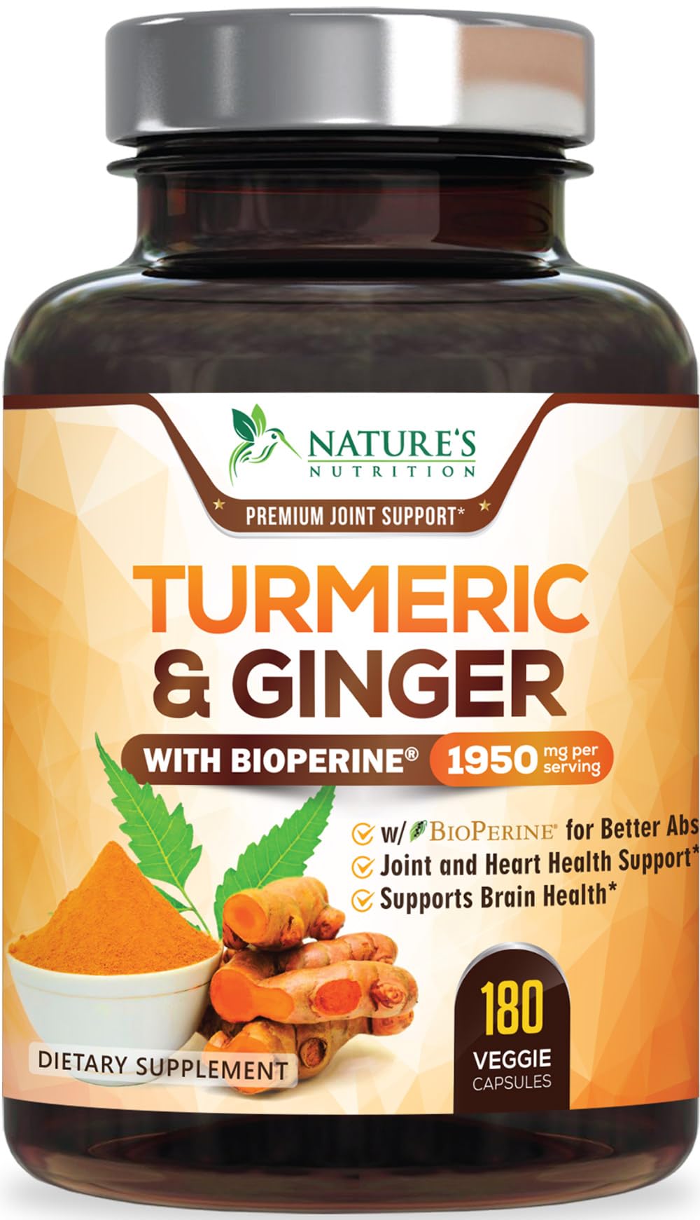 Nature's Nutrition T3 Turmeric Curcumin bottle with 180 capsules for daily joint support