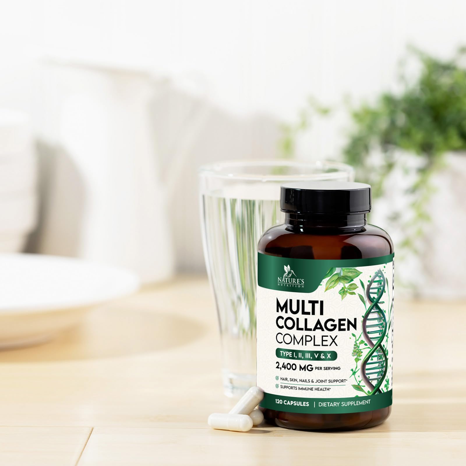 Travel-ready bottle of Nature's Nutrition collagen capsules on a carry-on