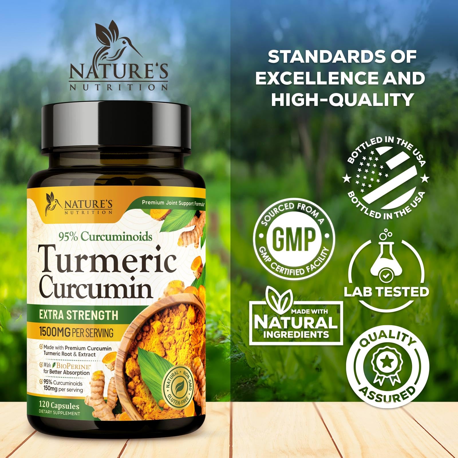 Nature's Nutrition turmeric capsules close-up on smooth, easy-to-swallow supplement.