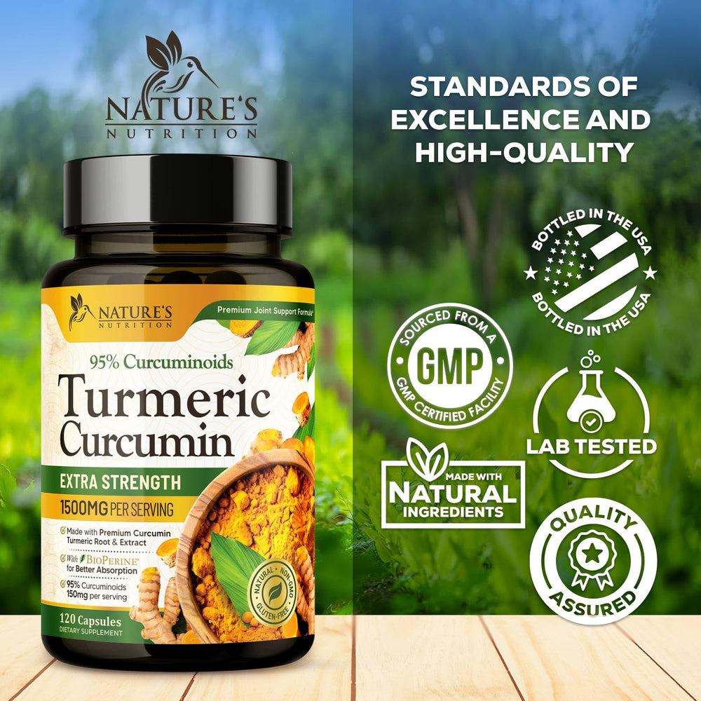 Nature's Nutrition turmeric capsules close-up on smooth, easy-to-swallow supplement.