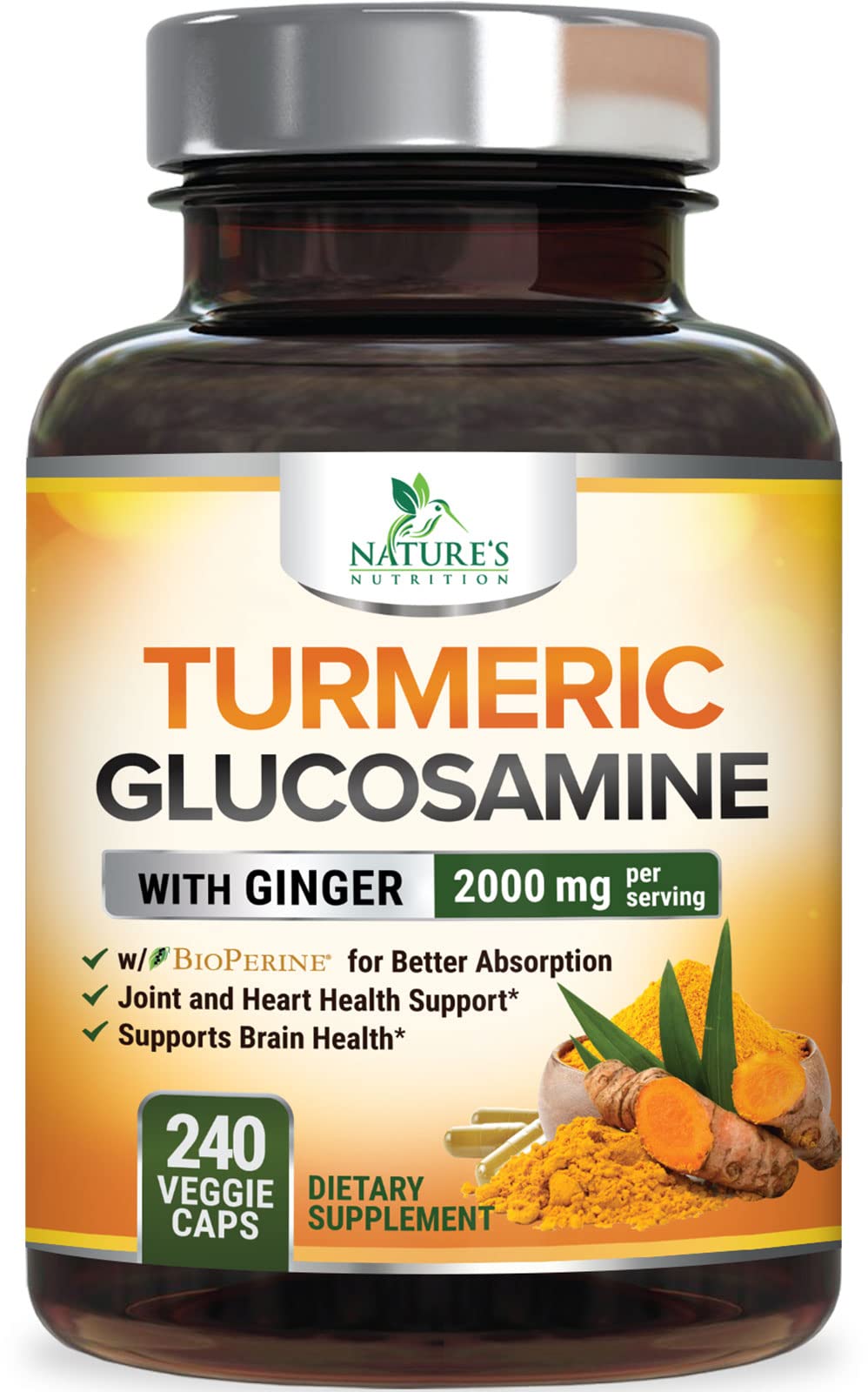 Nature's Nutrition Turmeric Curcumin 2000mg bottle shown for daily joint support.