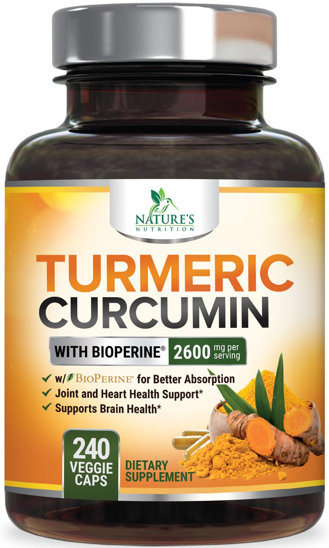 Nature's Nutrition turmeric curcumin bottle, 240 capsules, for daily joint support.