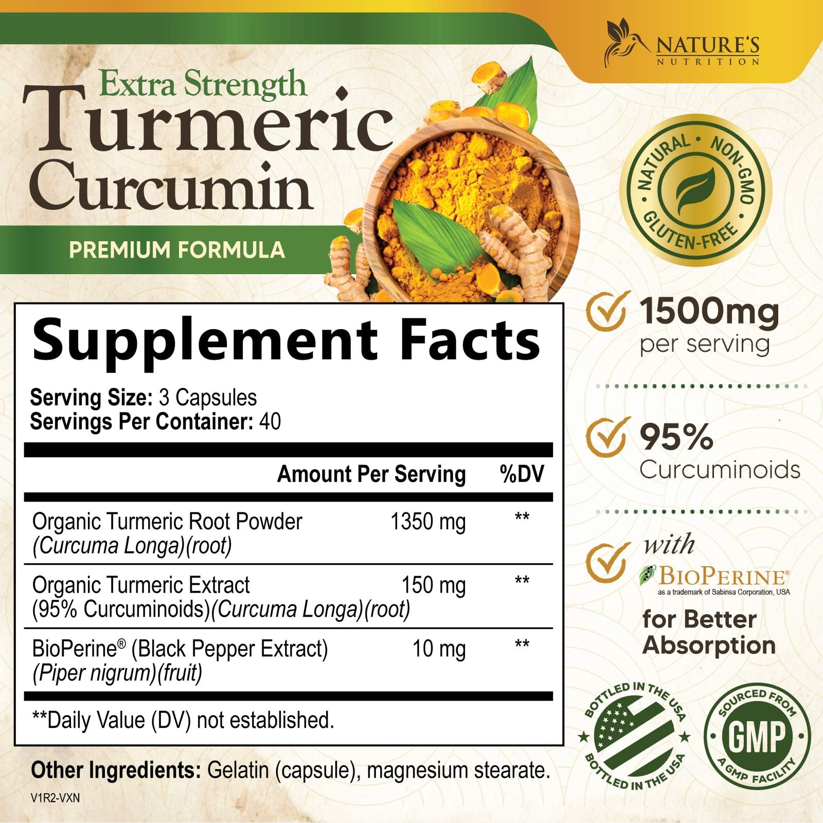 Nature's Nutrition turmeric-curcumin 95% curcuminoids label signals strong potency for absorption.