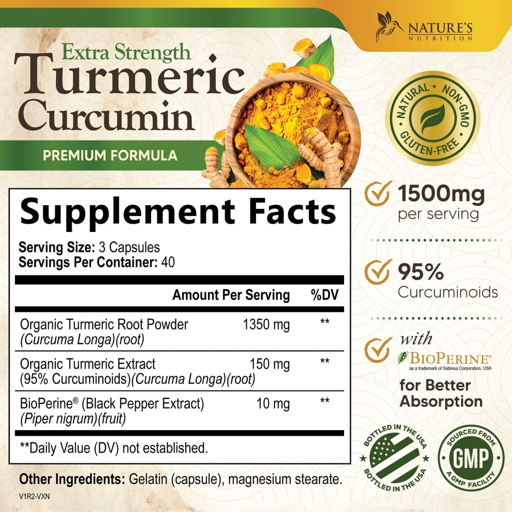 Nature's Nutrition turmeric-curcumin 95% curcuminoids label signals strong potency for absorption.