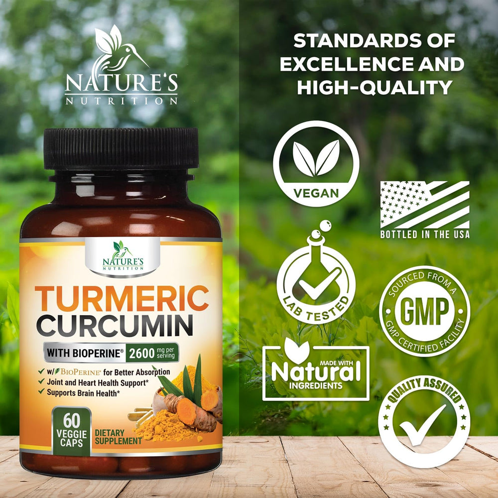 Nature's Nutrition turmeric curcumin capsules viewed from top for easy dosing.