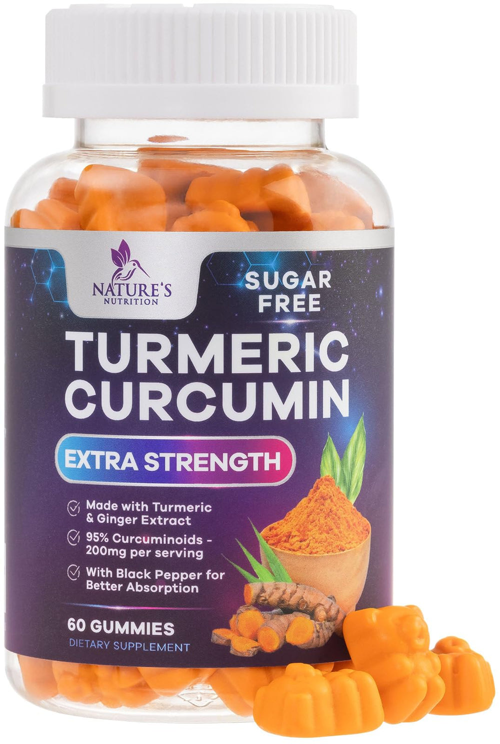 Nature's Nutrition turmeric curcumin gummies bottle with peach flavor for daily joint support
