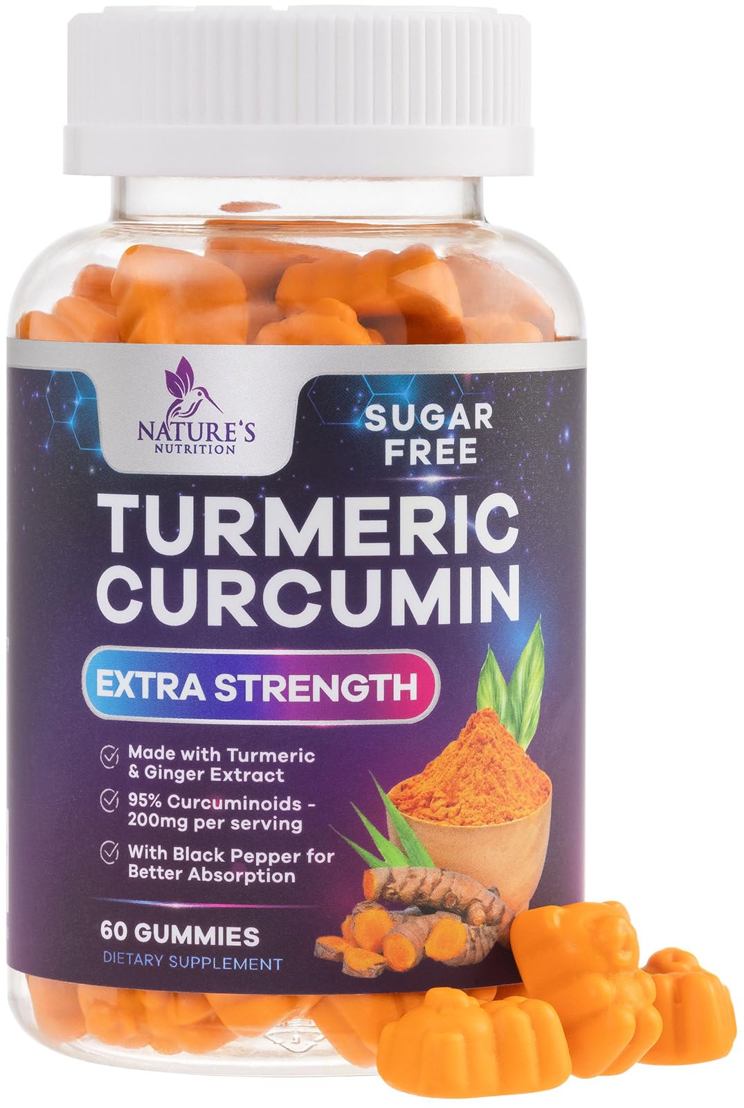 Nature's Nutrition turmeric curcumin gummies bottle with peach flavor for daily joint support