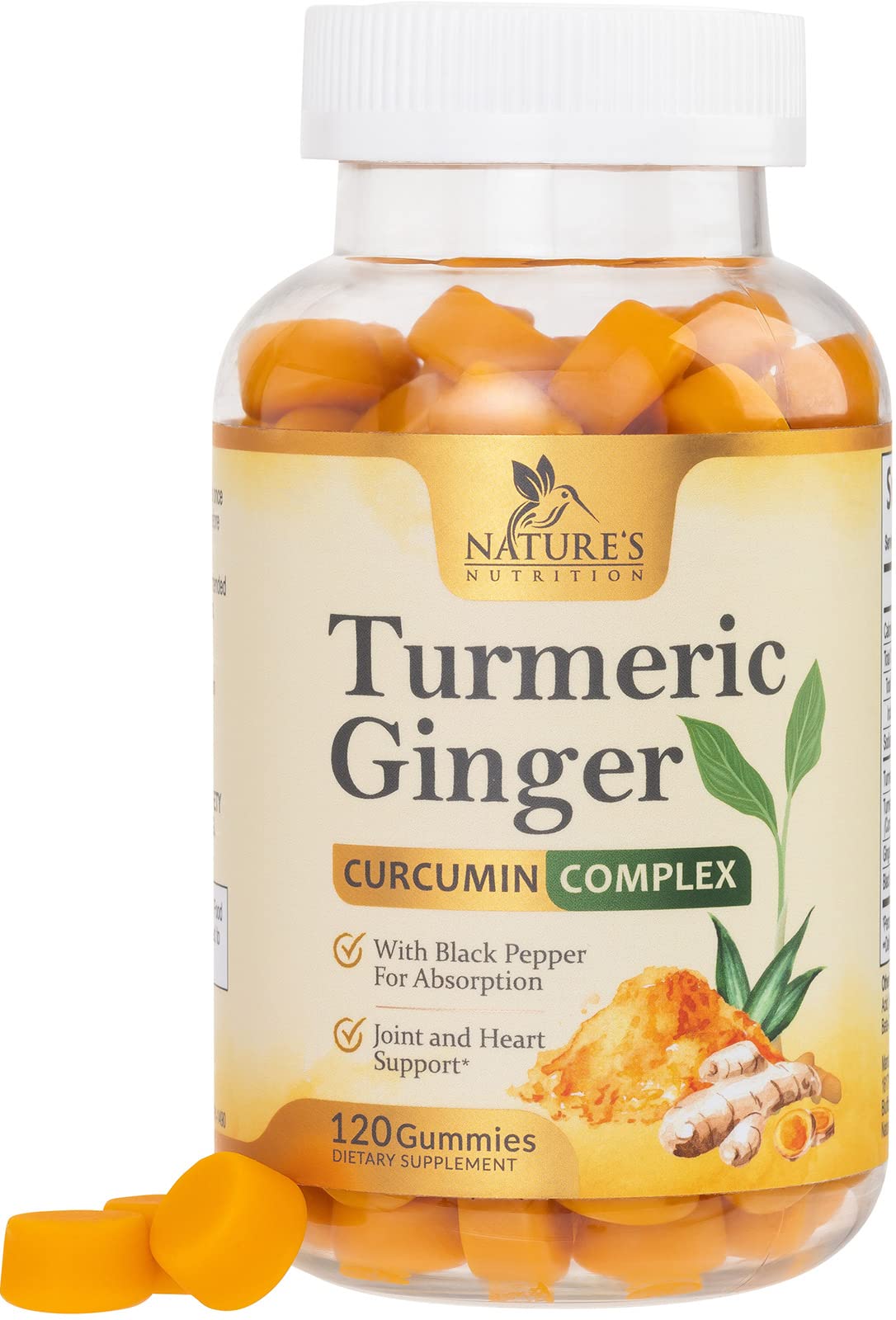 Nature's Nutrition Turmeric Curcumin Gummies peach bottle for easy daily joint support.