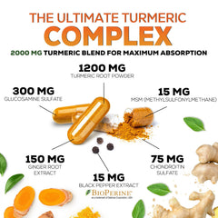 Nature's Nutrition turmeric ingredients label featuring glucosamine and ginger for joint care.
