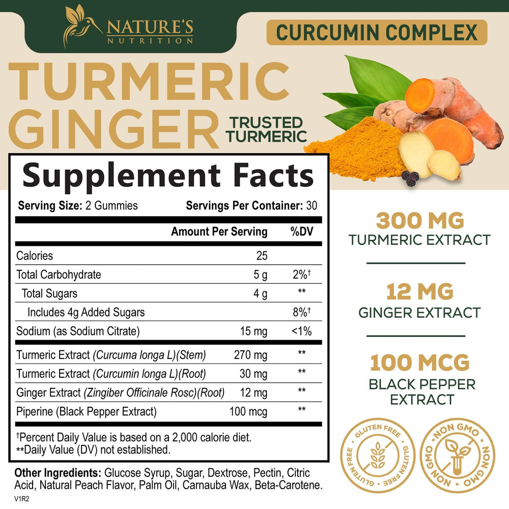 Nature's Nutrition turmeric ginger blend gummies visual emphasizing daily joint support