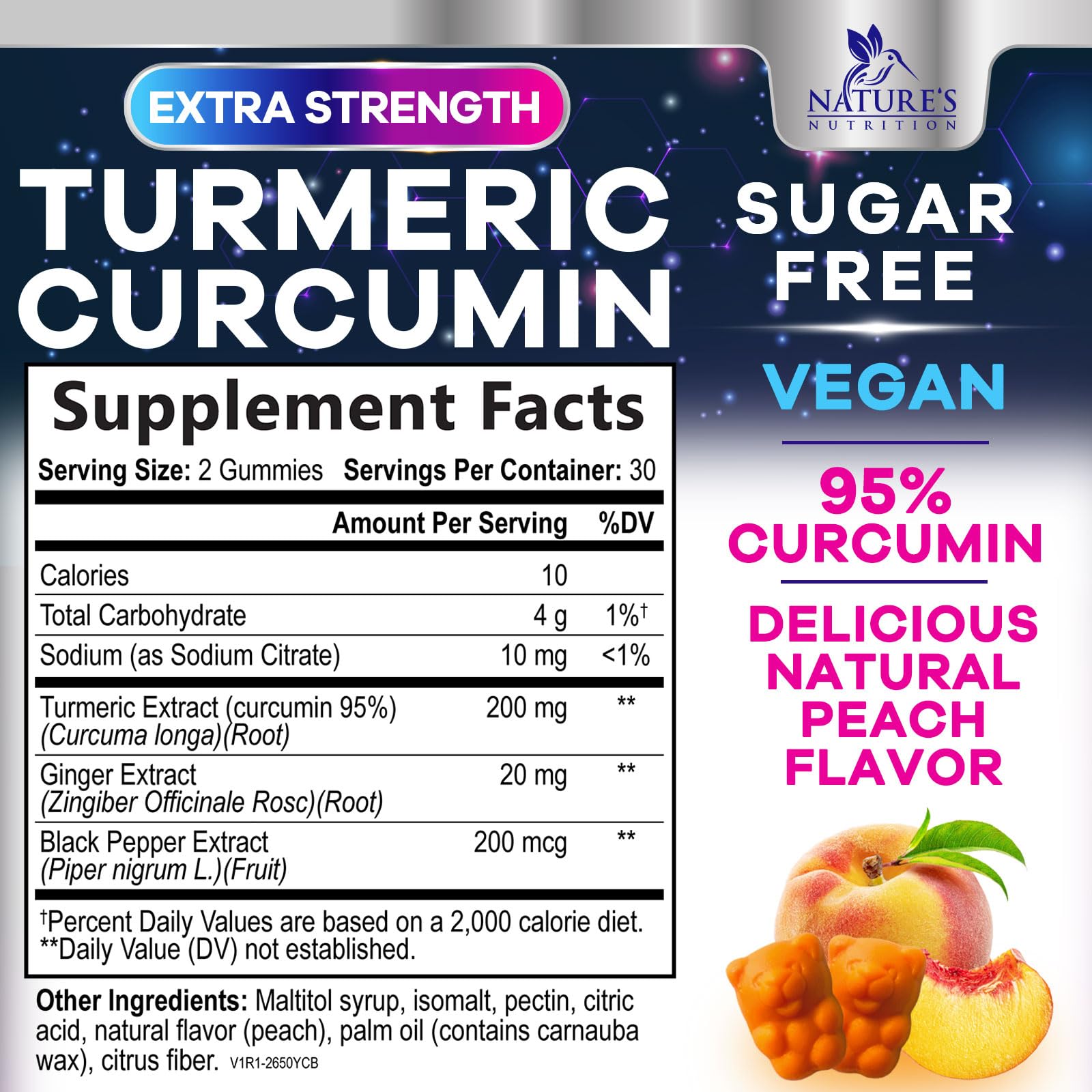Nature's Nutrition turmeric ginger gummies close-up showing black pepper for absorption