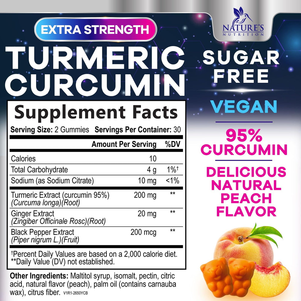 Nature's Nutrition turmeric ginger gummies close-up showing black pepper for absorption