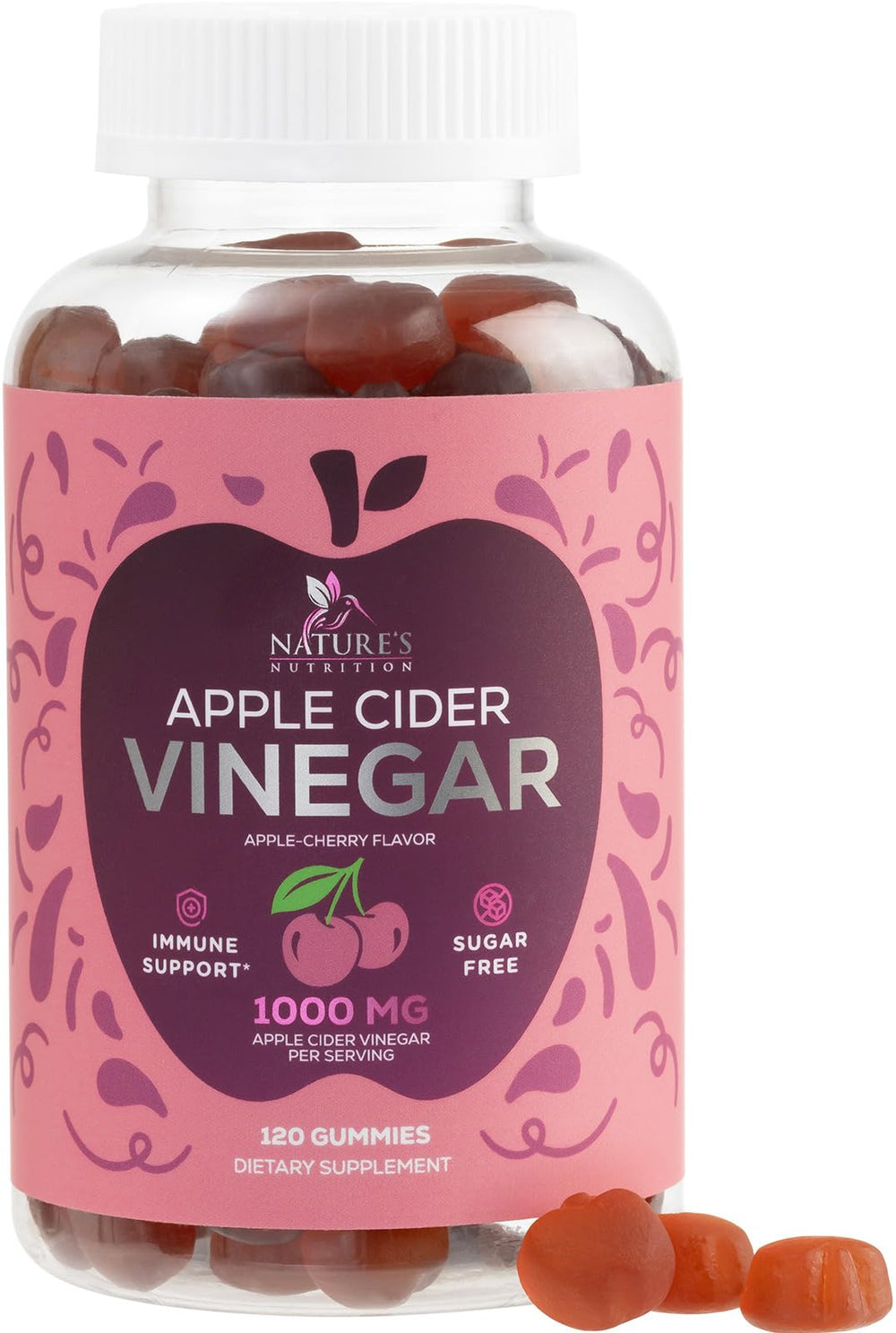Nature's Nutrition Vegan ACV Gummies bottle front highlighting 1000mg dosage for digestion support