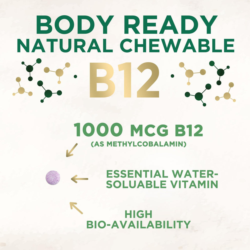 Nature's Nutrition vegan B12 supplement in resealable bottle for nervous system support.