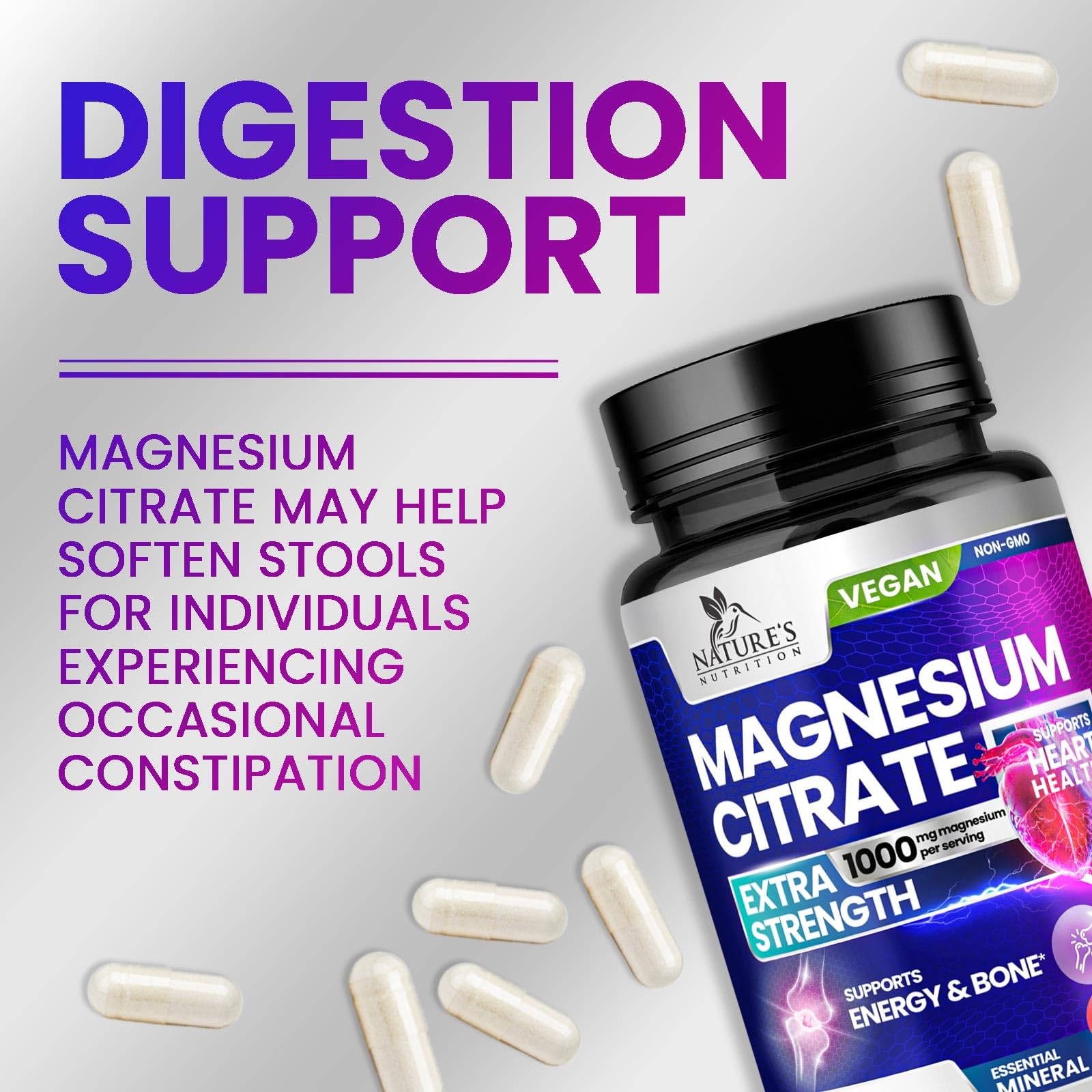 Nature's Nutrition vegan non-GMO icons highlight the product's wholesome attributes.
